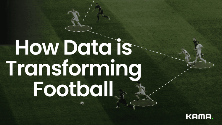 Football pitch with players and a text about data transformation in football.